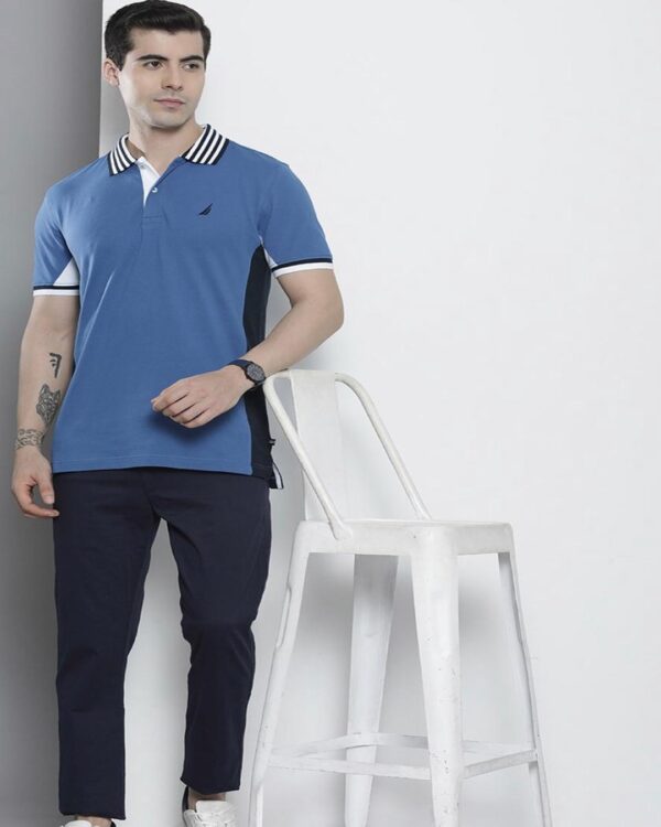 Nautica Men Blue Solid T-Shirt With Contrast Polo Collar - Image 2