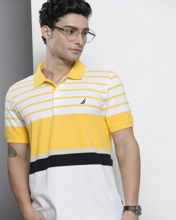 Nautica Men White and Yellow Colour blocked Polo Collar Pure Cotton T-shirt