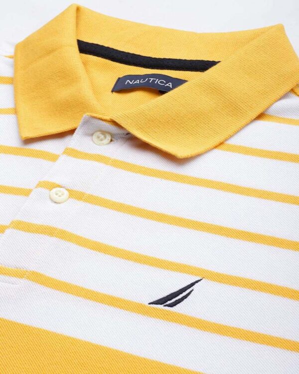 Nautica Men White and Yellow Colour blocked Polo Collar Pure Cotton T-shirt - Image 2