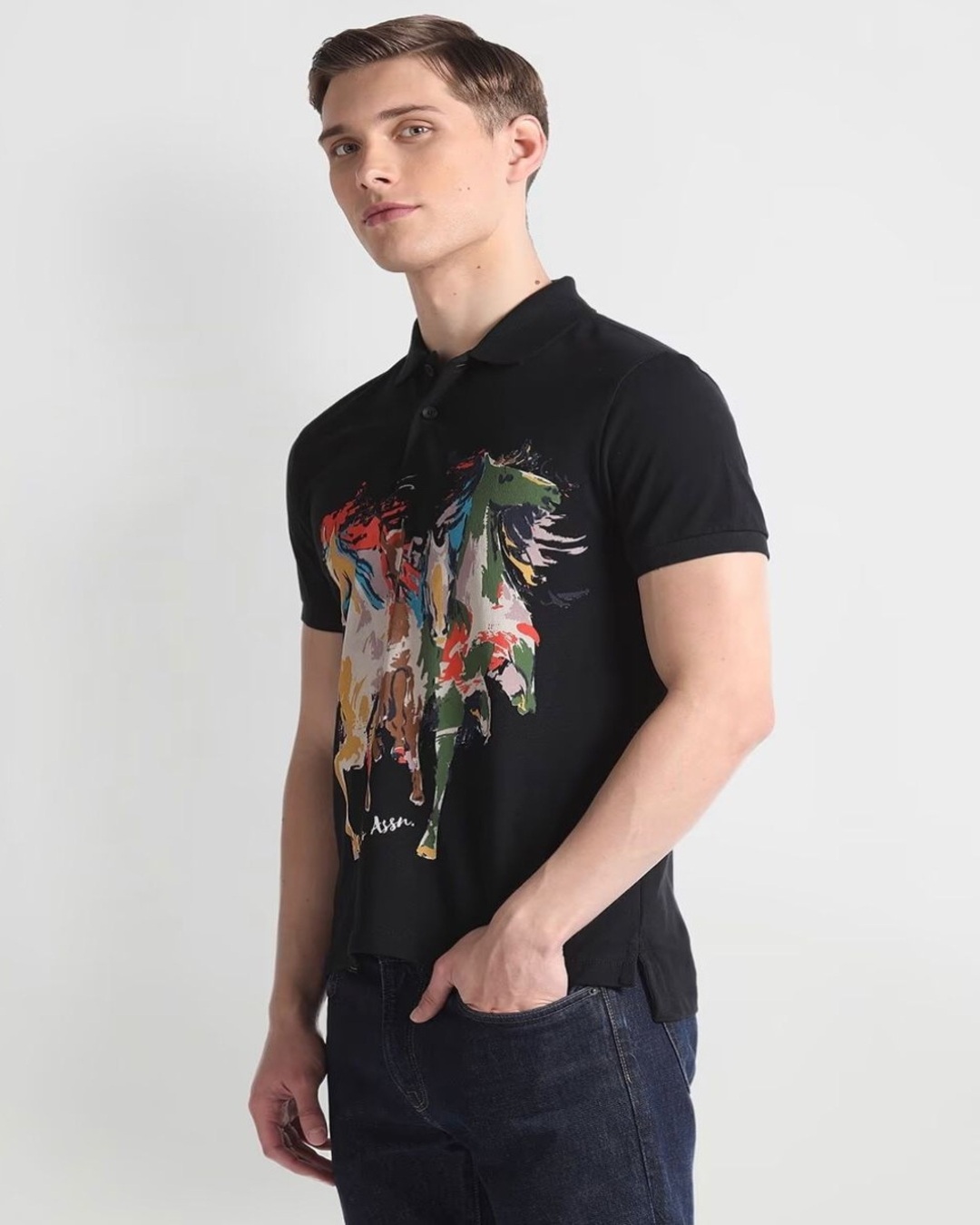 Graphic Printed Polo Collar Cotton Slim Fit T-shirt