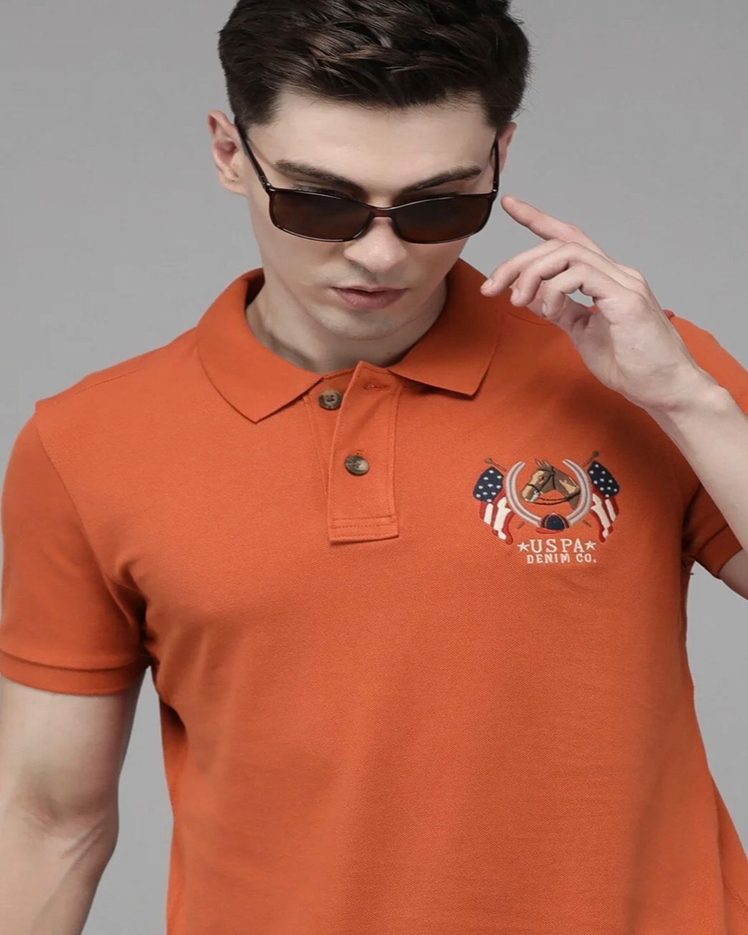 Men Rust Brand Logo Printed Polo Collar Pure Cotton T-shirt